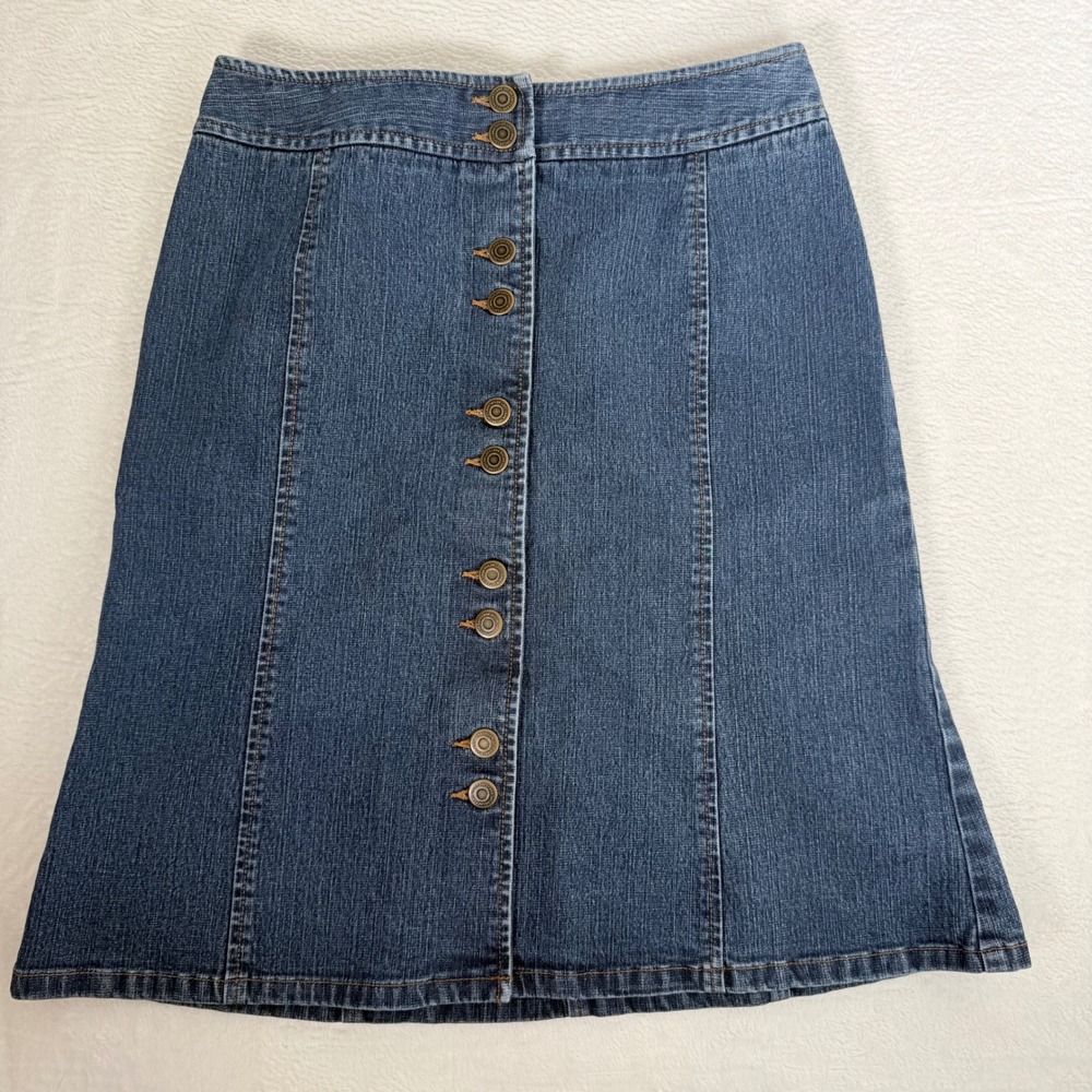 LOFT Ann Taylor Medium Wash Multi Button Front Paneled A-Line Denim Skirt Sz 4
